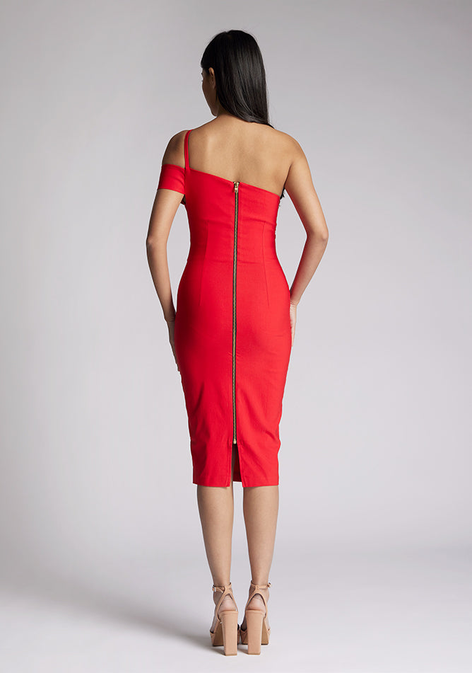 Back image of model wearing a red one shoulder midi dress with a cut out one shoulder detail and has a zip centre back fastening. The design featured is the Vesper Emma Red One Shoulder Midi Dress