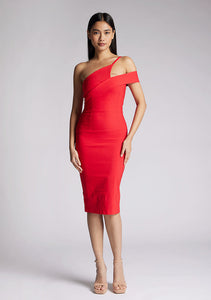 Front image of model wearing a red one shoulder midi dress with a cut out one shoulder detail and has a zip centre back fastening. The design featured is the Vesper Emma Red One Shoulder Midi Dress