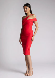 Front quarter image of model wearing a red one shoulder midi dress with a cut out one shoulder detail and has a zip centre back fastening. The design featured is the Vesper Emma Red One Shoulder Midi Dress